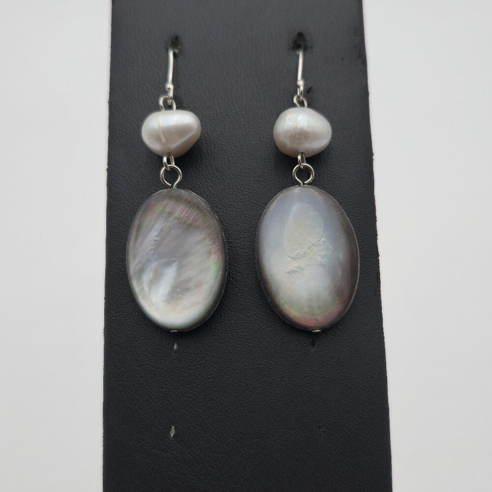 Sterling Silver Pearl And Large Shell Dangle Earrings A4365